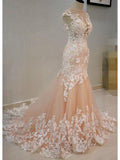 Blush Mermaid Wedding Dresses Ivory Lace Appliqued Trumpet Wedding Dress AWD1226-SheerGirl