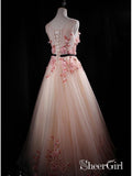 Blush Pink Applique Princess Quinceanera Ball Gown Long See Through Prom Dresses ARD1050-SheerGirl