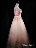 Blush Pink Applique Princess Quinceanera Ball Gown Long See Through Prom Dresses ARD1050-SheerGirl