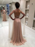 Blush Pink Cape Sleeve Long Prom Dresses with Pearls ARD1978-SheerGirl