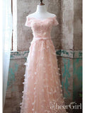 Blush Pink Floral Lace Long Prom Dresses Short Sleeve Formal Dress ARD1989-SheerGirl