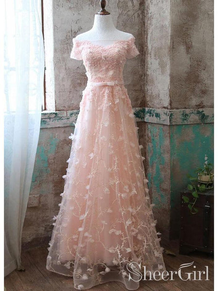 V Neck Pink Lace Floral Long Prom Dresses, Pink Lace Flower Long Formal  Graduation Dresses