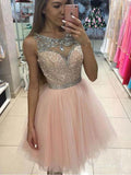 Blush Pink Homecoming Dresses Rhinestone Beaded Tulle Short Prom Dress ARD1503-SheerGirl