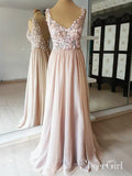 Blush Pink Long Prom Dresses Flower Applique Beaded Backless Formal Dresses APD3514-SheerGirl