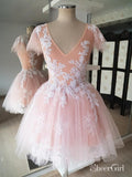 Blush Pink Short Homecoming Dresses Cheap Simple Lace Cute Homecoming Dresses APD3503-SheerGirl