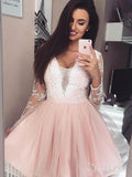 Blush Pink Short Prom Dresses Lace Sheer Long Sleeve Homecoming Dress ARD1999-SheerGirl