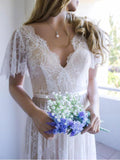 Bohemian Fitted Lace Beach Wedding Dresses Short Sleeve Bridal Gowns SWD0073-SheerGirl