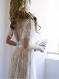 Bohemian Fitted Lace Beach Wedding Dresses Short Sleeve Bridal Gowns SWD0073-SheerGirl