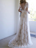 Bohemian Fitted Lace Beach Wedding Dresses Short Sleeve Bridal Gowns SWD0073-SheerGirl