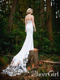 Botanical Lace Spaghetti Straps Wedding Dress with Shaped Train AWD1694-SheerGirl