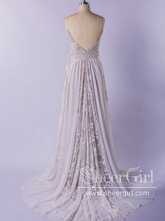 A-line V-neck Spaghetti Straps Lace Bohemian Wedding Dress with