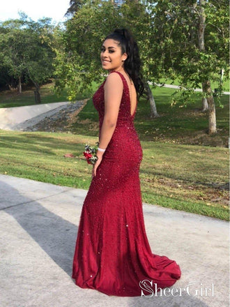 Elegant Burgundy Mermaid Open Back Prom Dresses, Maroon Backless