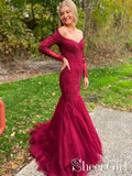 Burgundy Off Shoulder Sexy Party Dress with Long Sleeves Mermaid Long Prom Dress ARD2540-SheerGirl