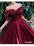 Burgundy Off the Shoulder Maroon Long Pom Dresses 2019 ARD1876-SheerGirl