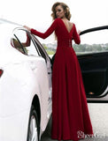 Burgundy Prom Dresses with Slit V Neck Cheap Long Sleeve Prom Dresses AWD1095-SheerGirl