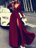 Burgundy Prom Dresses with Slit V Neck Cheap Long Sleeve Prom Dresses AWD1095-SheerGirl