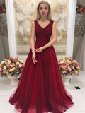 Burgundy Sleeveless Beaded Prom Dresses Sweep Train Dresses ARD2186-SheerGirl