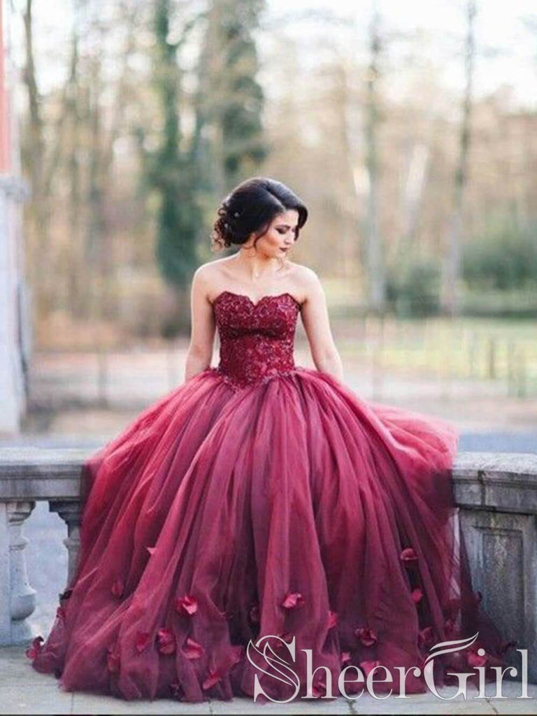 Burgundy Strapless Long Wedding Dresses Lace Applique Bridal Dress AWD –  SheerGirl