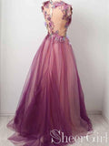 Burgundy Tulle Vivid Flower Decoration Prom Dresses A line Scoop neck Appliqued Party Dress ARD2448-SheerGirl