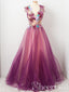 Burgundy Tulle Vivid Flower Decoration Prom Dresses A line Scoop neck Appliqued Party Dress ARD2448