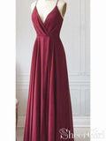 Burgundy V-neck Prom Dress Spaghetti Strap Long Evening Dresses ARD2412-SheerGirl