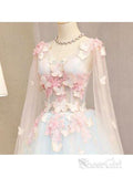 Butterfly Appliqued Long Blue Princess Ball Gowns Cap Sleeve A Line V Neck Prom Dresses ARD1055-SheerGirl