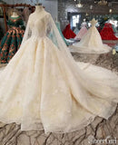 Champagne High Neck Lace Ball Gown Wedding Dresses Beaded Quinceanera Dresses AWD1416-SheerGirl