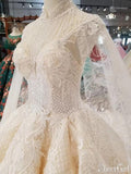 Champagne High Neck Lace Ball Gown Wedding Dresses Beaded Quinceanera Dresses AWD1416-SheerGirl