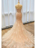 Champagne Lace & Tulle Mermaid Wedding Dresses with Cape Sleeve AWD1442-SheerGirl