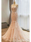 Champagne Lace & Tulle Mermaid Wedding Dresses with Cape Sleeve AWD1442