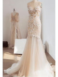 Champagne Mermaid Wedding Dresses Spaghetti Strap Lace Appliqued Wedding Dress AWD1231-SheerGirl