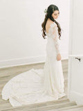 Chapel Train Ivory Sheath Lace Wedding Dresses with Sleeves AWD1300-SheerGirl