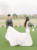 Chapel Train Ivory Sheath Lace Wedding Dresses with Sleeves AWD1300-SheerGirl