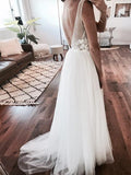 Cheap Ivory Tulle Beach Wedding Dresses Lace Applique See Through Wedding Dress AWD1240-SheerGirl