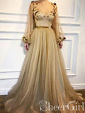 Chic 3D Flowers Long Prom Dresses Golden Rhinestone Evening Dress ARD2447-SheerGirl