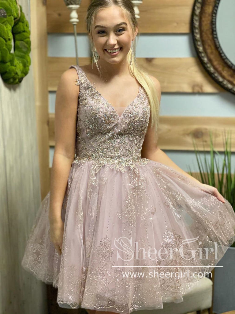 Corded Lace V Neckline Sparkly Short Prom Dress with Beadings