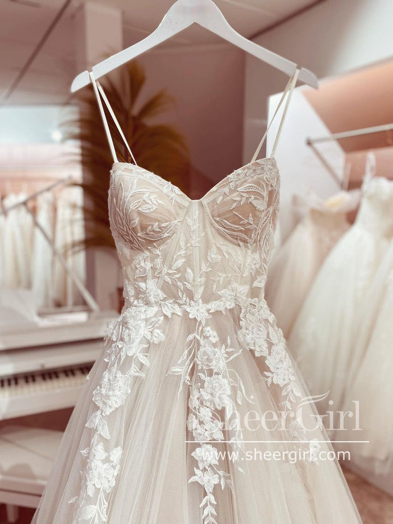 Princess Floral Beaded A Line Wedding Dress Illusion Neckline Spaghetti  Straps Corset Low Back