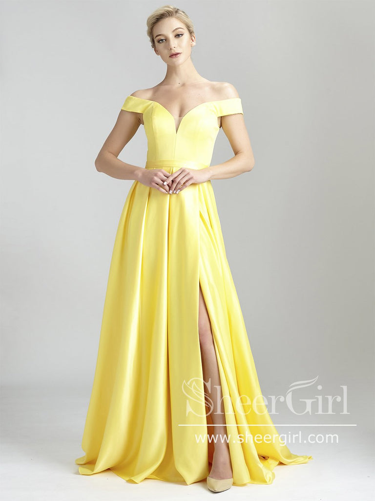 Yellow One Shoulder Prom Dress A Line Tulle Sweetheart High Slit Corset  Simple