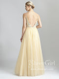 Daffodil Yellow Tulle Ball Gown Backless V Neck Spaghetti Straps Floor Length Prom Dress ARD2573-SheerGirl