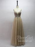 Daffodil Yellow Tulle Ball Gown Backless V Neck Spaghetti Straps Floor Length Prom Dress ARD2573-SheerGirl