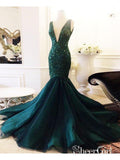 Dark Green Deep V Neck Mermaid Prom Dresses Long Sequins Lace Evening Ball Gowns ARD1030-SheerGirl