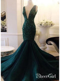 Dark Green Deep V Neck Mermaid Prom Dresses Long Sequins Lace Evening Ball Gowns ARD1030-SheerGirl