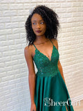 Dark Green Spaghetti Straps Evening Dress Appliqued Bodice V Neck Long Prom Dress ARD2549-SheerGirl