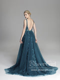 Dark Green V Neckline Sexy Back V A Line Sheer Bodice Ball Gown Sweep Train Long Prom Dress ARD2571-SheerGirl