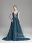 Dark Green V Neckline Sexy Back V A Line Sheer Bodice Ball Gown Sweep Train Long Prom Dress ARD2571