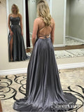 Dark Grey Spaghetti Strap Prom Dresses Open Back Long Prom Dresses with Slit,APD3230-SheerGirl