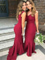 Dark Red Mermaid Bridesmaid Dresses V-neck Sweep Train Formal Dress APD3445