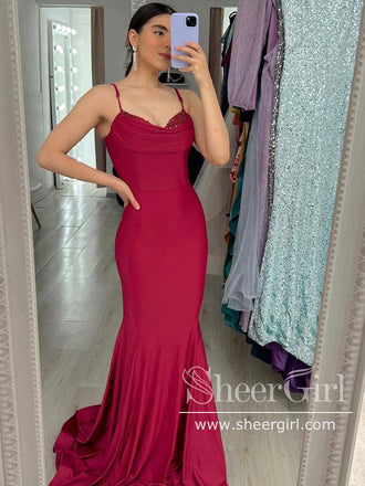 Rust Off the Shoulder Evening Dress Mermaid Satin Prom Dress with