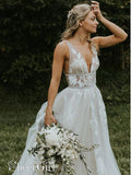 Deep V Neck Big Flower Applique Wedding Dresses Ivory Organza Grace Wedding Gowns AWD1609-SheerGirl