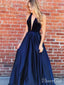 Deep V Neck Navy Blue Long Prom Dresses Sexy Backless Formal Dress ARD2025